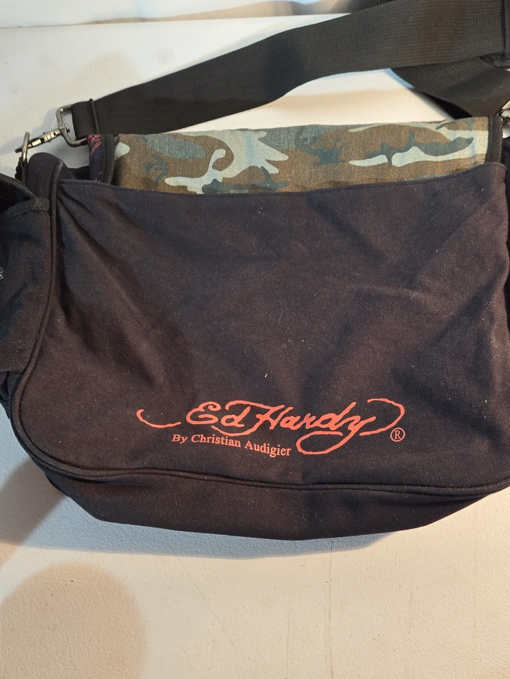 Ed Hardy Camo Messenger Bag with Purple Skull Graphic